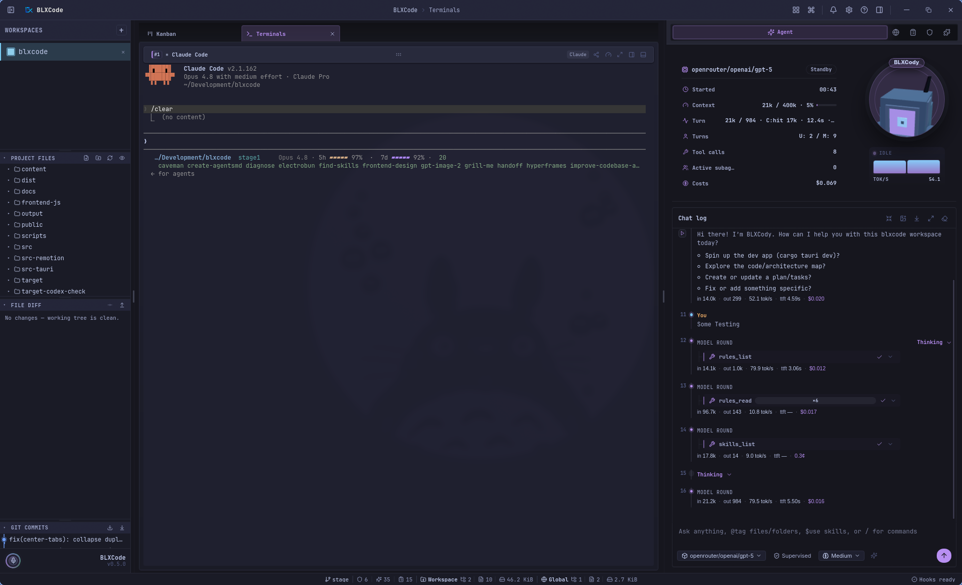 BLXCode agent panel with session stats