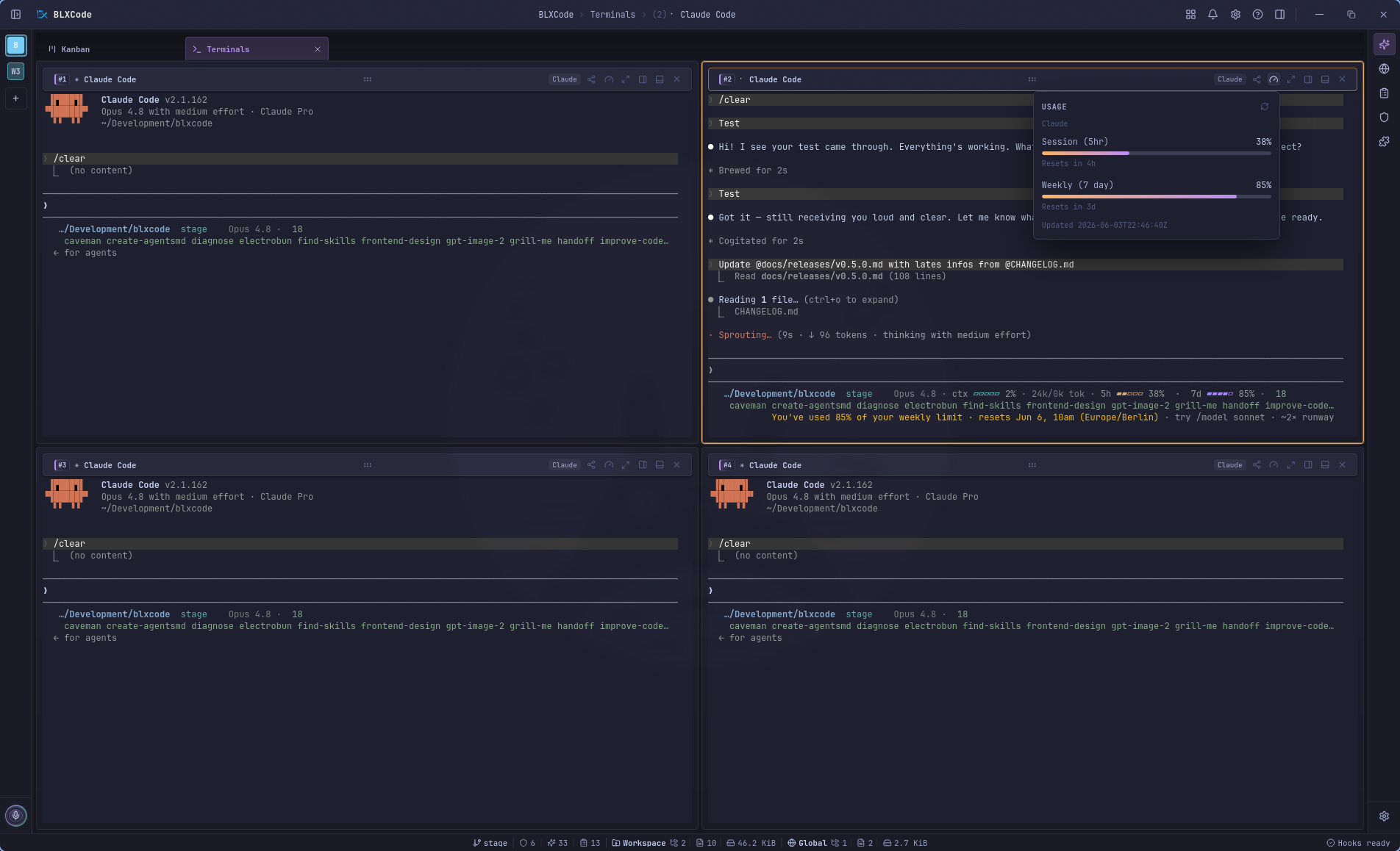 BLXCode terminal grid with Claude usage